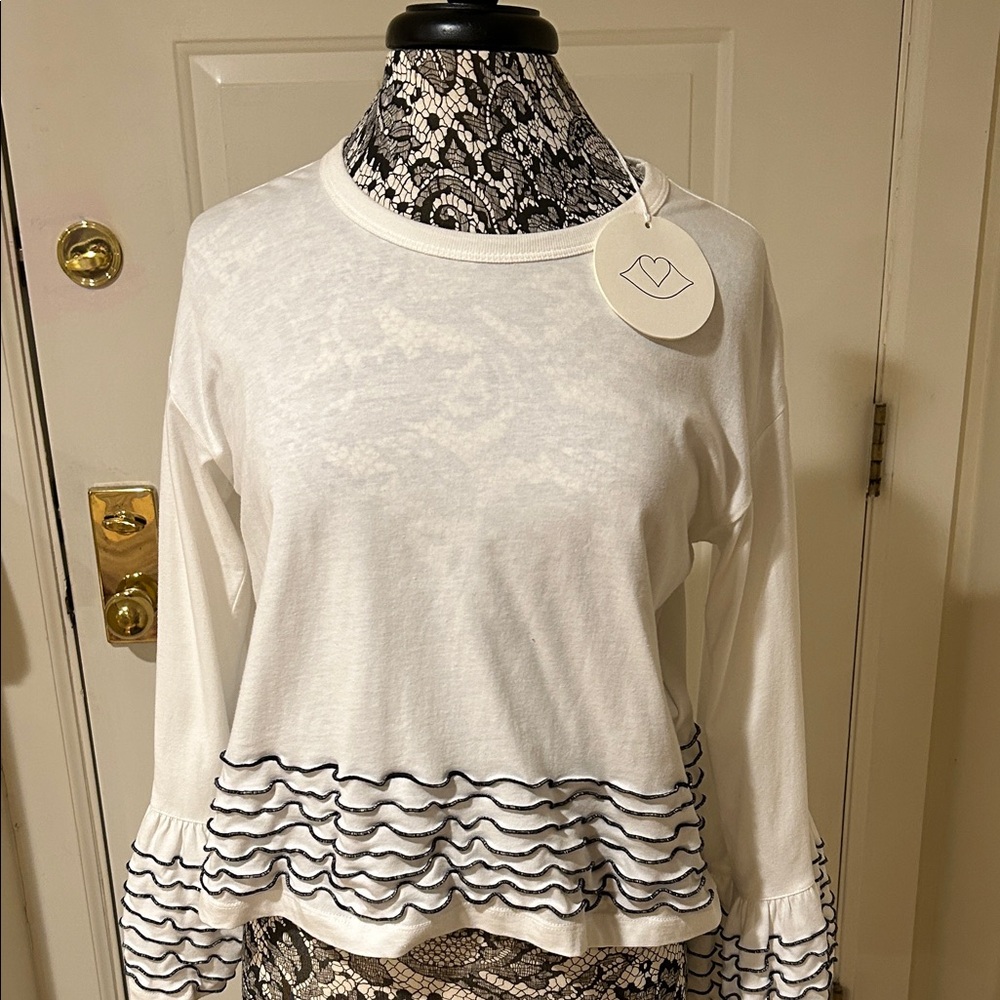 See By Chloe White Blouse with Navy Ruffles